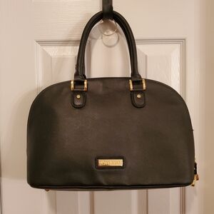 Joy & Iman Black Pebbled Leather Crossbody Domed Satchel with Gold Accents